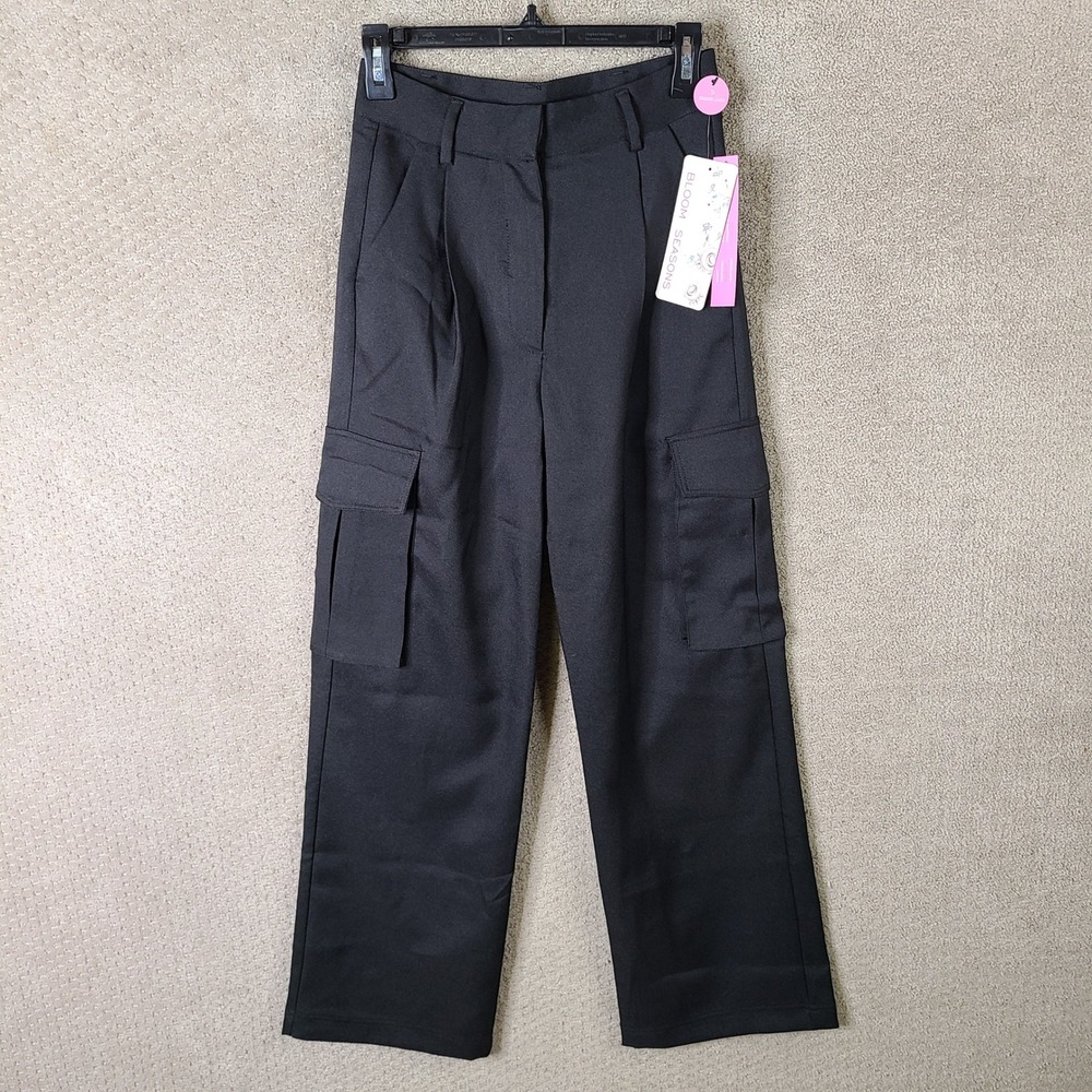 Bloom Seasons Pants Womens Small Black‎ Cargo Wide Leg Stretch Casual NEW